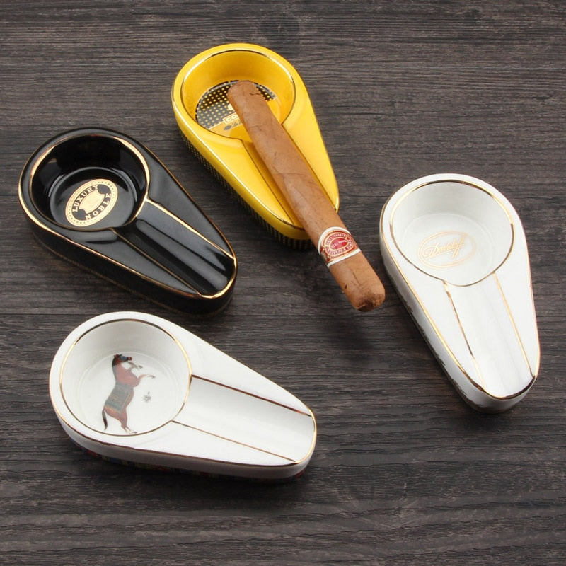 COHIBA Cigar Gadgets Ceramic Cigar Ashtray Single Cigar Holder Round Ash Slot 4 Colors Yellow Tobacco Cigarette Ashtray Gift Box