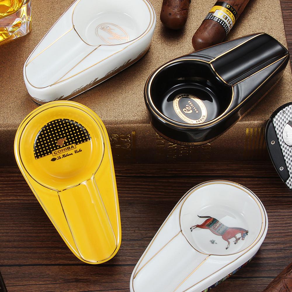 COHIBA Cigar Gadgets Ceramic Cigar Ashtray Single Cigar Holder Round Ash Slot 4 Colors Yellow Tobacco Cigarette Ashtray Gift Box
