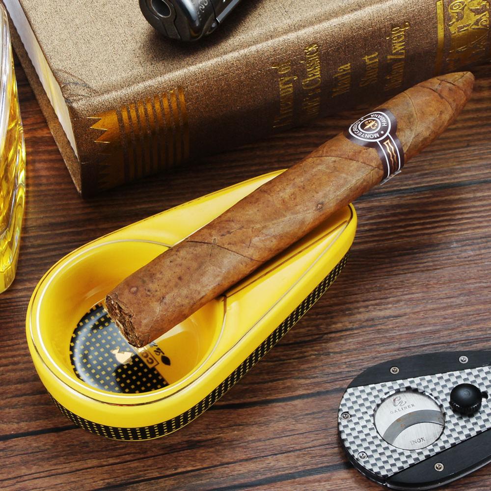 COHIBA Cigar Gadgets Ceramic Cigar Ashtray Single Cigar Holder Round Ash Slot 4 Colors Yellow Tobacco Cigarette Ashtray Gift Box