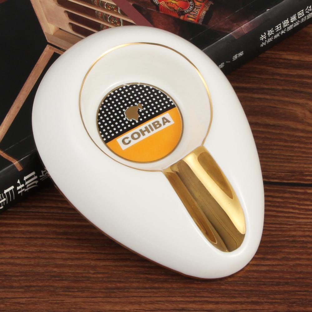 COHIBA Cigar Gadgets Ceramic Cigar Ashtray Single Cigar Holder Round Ash Slot 4 Colors Yellow Tobacco Cigarette Ashtray Gift Box