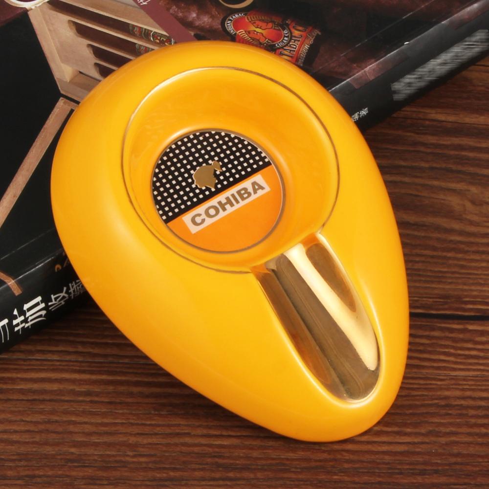 COHIBA Cigar Gadgets Ceramic Cigar Ashtray Single Cigar Holder Round Ash Slot 4 Colors Yellow Tobacco Cigarette Ashtray Gift Box