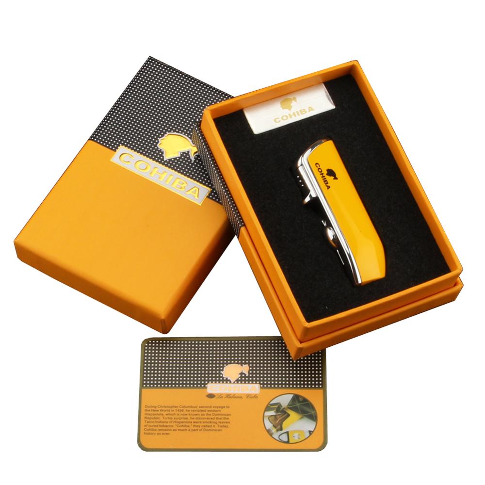 COHIBA Metal Windproof Mini Pocket Cigar Lighter 3 Jet Blue Flame Torch Cigarette Lighters With Cigar Punch Gift Box