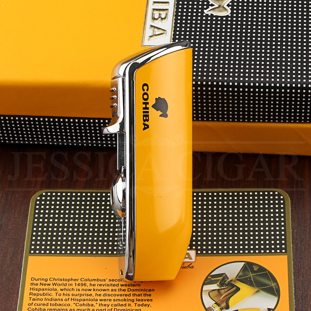 COHIBA Metal Windproof Mini Pocket Cigar Lighter 3 Jet Blue Flame Torch Cigarette Lighters With Cigar Punch Gift Box