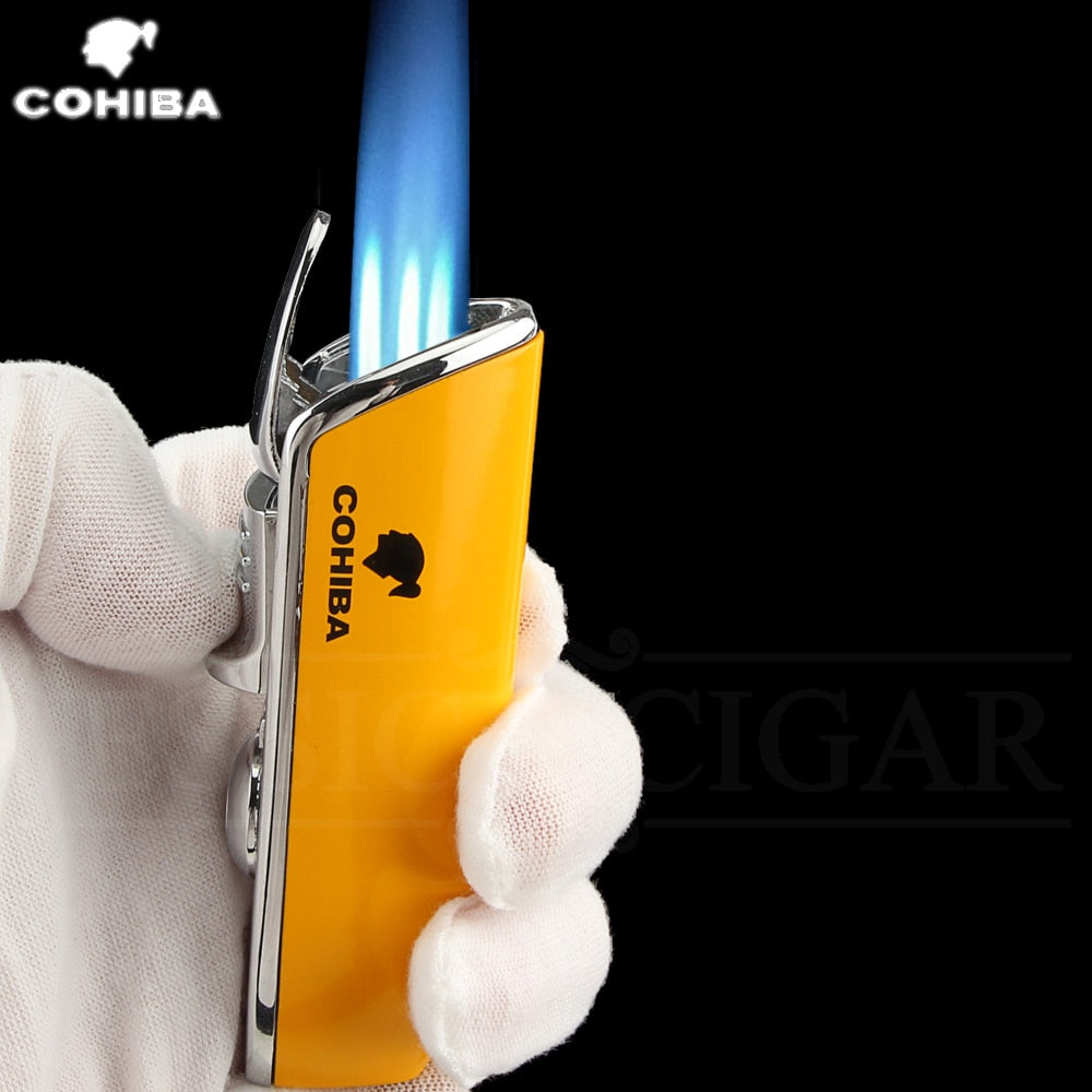 COHIBA Metal Windproof Mini Pocket Cigar Lighter 3 Jet Blue Flame Torch Cigarette Lighters With Cigar Punch Gift Box