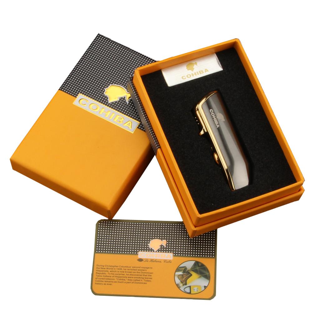 COHIBA Metal Windproof Mini Pocket Cigar Lighter 3 Jet Blue Flame Torch Cigarette Lighters With Cigar Punch Gift Box