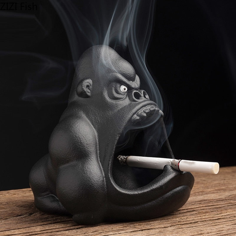 Ceramic Cartoon Animal Ashtray Orangutan Anti-Ash Car Large Capacity Ashtray Living Room Office Decoration Gift