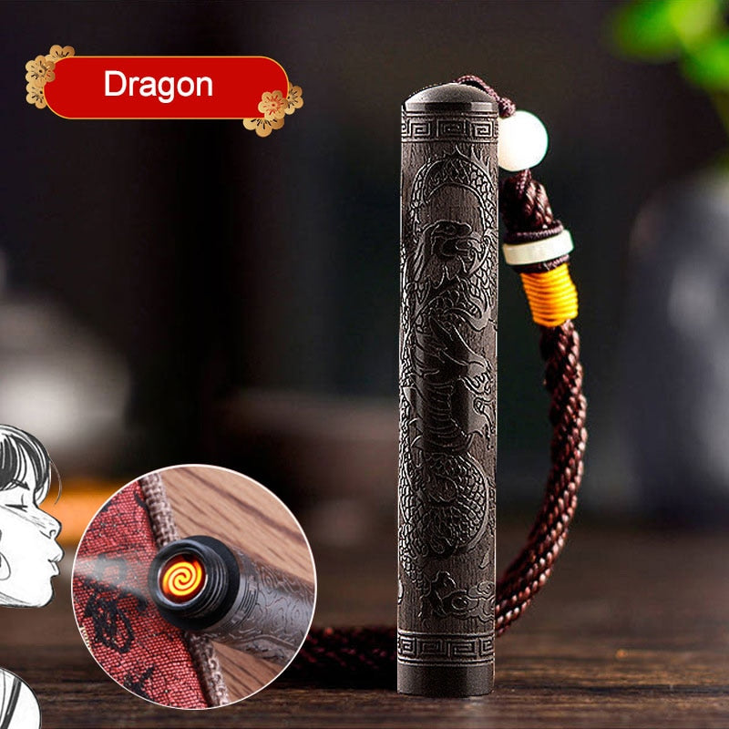 Engraving Sandalwood Electronic Lighter Portable USB Charging Lighter Vintage Wooden Air Blowing Cigarette Lighter For Men